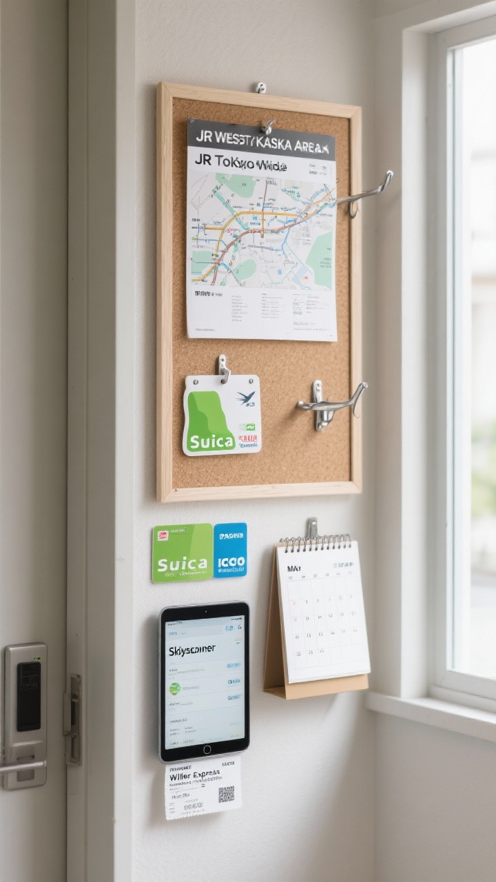 Medium shot: A compact entryway vignette styled like a smart-travel command center—sleek rail maps pinned on a cork board, a folded JR West Kansai Area Pass and JR Tokyo Wide Pass displayed beside a Suica, PASMO, and ICOCA card trio, and a minimalist flip calendar set to late May; include a tablet showing flight alerts (Skyscanner) and a bus ticket stub labeled “Willer Express Overnight.” Cool neutral palette with pops of transit-card green and blue, soft morning light from the side, clean textures of matte paper, brushed metal hooks, and smooth plastic cards; straight-on angle, no people.