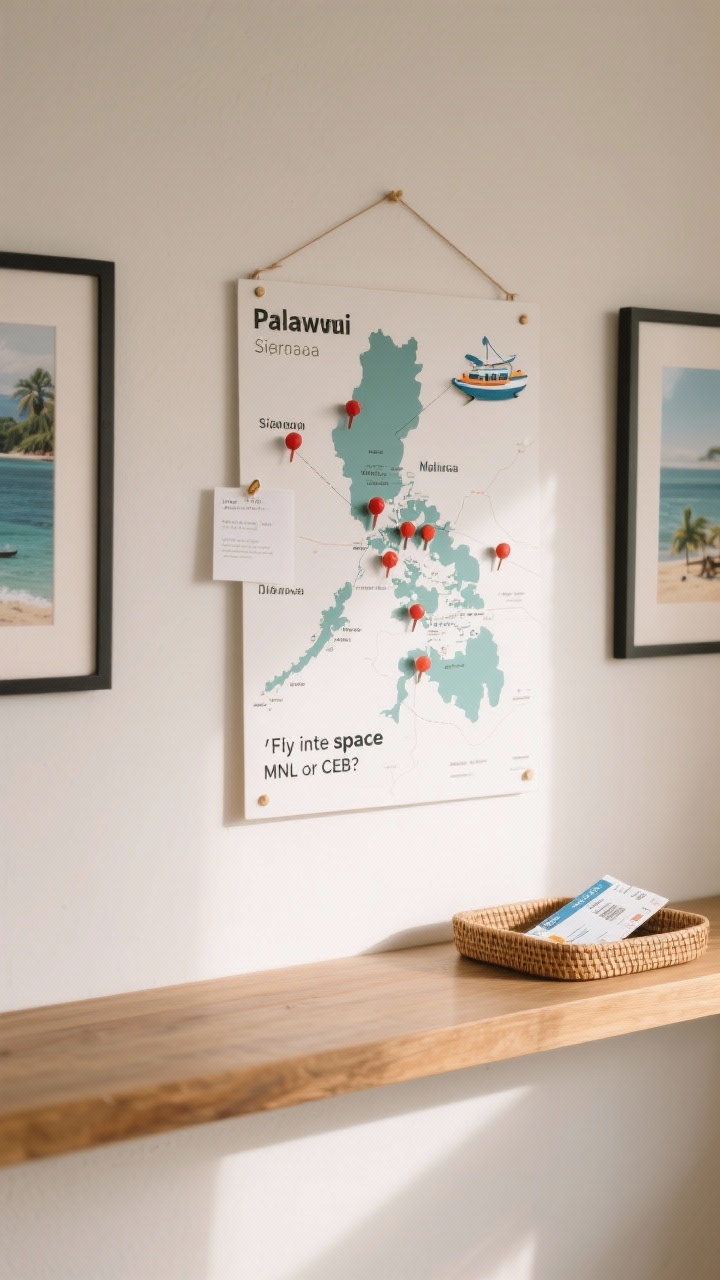 Medium shot: A minimalist wall-mounted travel planning board styled like a curated gallery wall, mapped with zones across the Philippines—bold pins for focal points (Palawan, Siargao, Cebu), smaller accent pins for Manila and a chill beach town, and clearly marked “white space” buffer days; strings connect destinations with tiny airplane and ferry icons, plus a printed note: “Fly into MNL or CEB?”. Neutral wall, natural wood ledge shelf with a small rattan tray holding boarding passes. Soft morning light, calm and intentional composition, straight-on view.