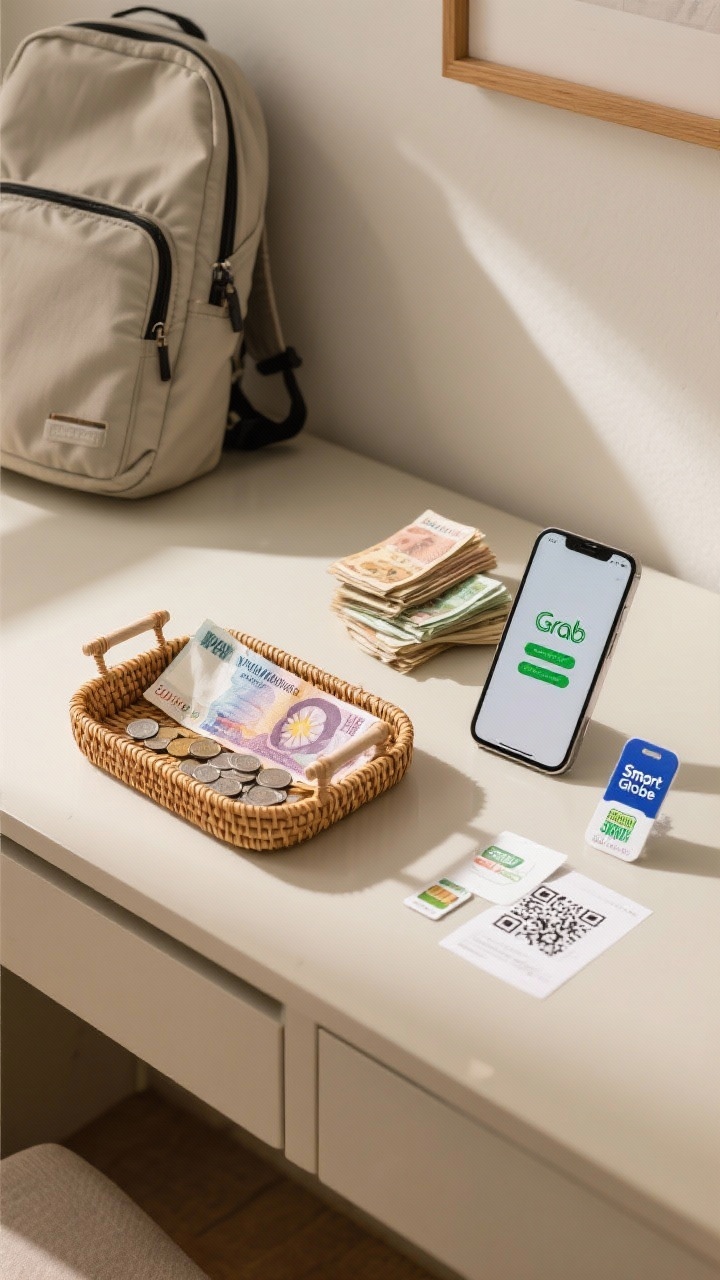 Medium shot: A travel console setup focused on logistics—Philippine Peso (PHP) bills and small coins organized in a shallow rattan tray, a smartphone showing the Grab app open beside two SIM card packets (Smart and Globe) and an eSIM QR printout; a small stack of neatly folded small bills ready for tricycles and markets, plus a lightweight daypack with a zip pocket slightly open. Neutral desk, clean lines, afternoon light with gentle shadows. Straight-on perspective.