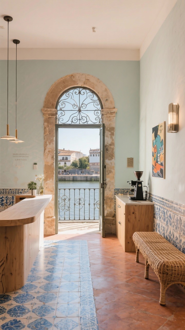 Medium shot, boutique-style hotel lobby inspired by Girona, Cádiz, and Zaragoza: restored 19th-century casa interior with artisan hydraulic tiles in sun-faded blues and terracotta, pastel plaster walls, arched doorway framing a riverfront-style view, antique ironwork balcony detail visible through a window, minimalist wood reception console, woven rattan bench, small café corner with a serious espresso setup and street-art poster, soft morning light, calm and intimate mood, no people, photorealistic