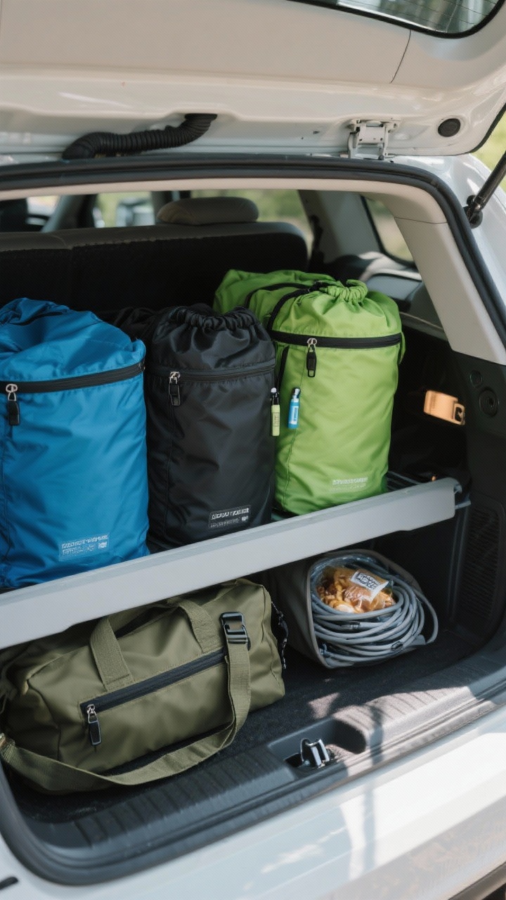 Medium shot from a rear-trunk corner angle of a small hatchback packed only with soft-sided containers: color-coded packing cubes (blue for clothes, black for tech, green for food), a couple of roll-top dry bags labeled toiletries and cords, a thin olive tote for snacks slid into the side footwell area, and a sleek under-seat sling bag on the passenger floor. Show how bags flex into trunk corners with zero dead space; even, diffused daylight and clean lines to highlight the soft, compressible textures.