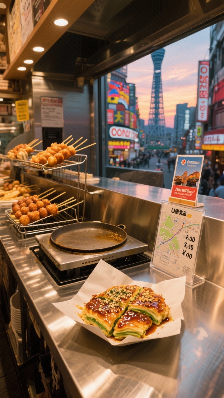 Medium shot: Lively Osaka street-food countertop scene indoors—stainless counter with a hot plate presenting okonomiyaki cross-cut to show layers, a paper boat of takoyaki glazed and dusted with bonito flakes, skewers of kushikatsu on a rack, and a clear price board with simple yen listings; in the background, a window view nods to Dotonbori neon and a small Umeda Sky Building sunset postcard; an Osaka Amazing Pass card rests beside a transit map. Warm tungsten lighting with reflective metal and glossy sauce textures; angled three-quarter view.