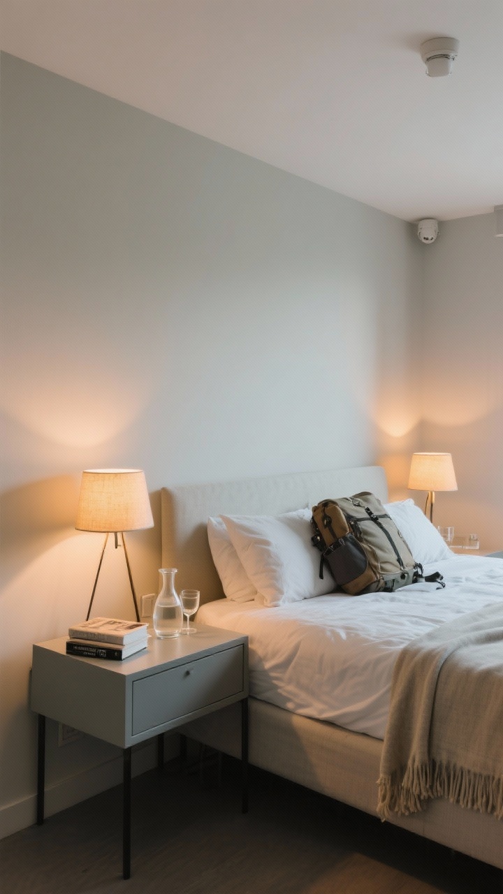 Medium shot of an edited rental bedroom scene where control is restored: harsh overhead light switched off, two warm 2700K table lamps create soft pools of light; a neatly made bed with a traveler’s own soft pillowcase and a lightweight throw layered at the foot; surfaces decluttered with the host’s mismatched decor tastefully tucked away, leaving only essentials—book, glasses, water carafe—on a streamlined nightstand; calm, neutral palette with tactile textiles; straight-on view.