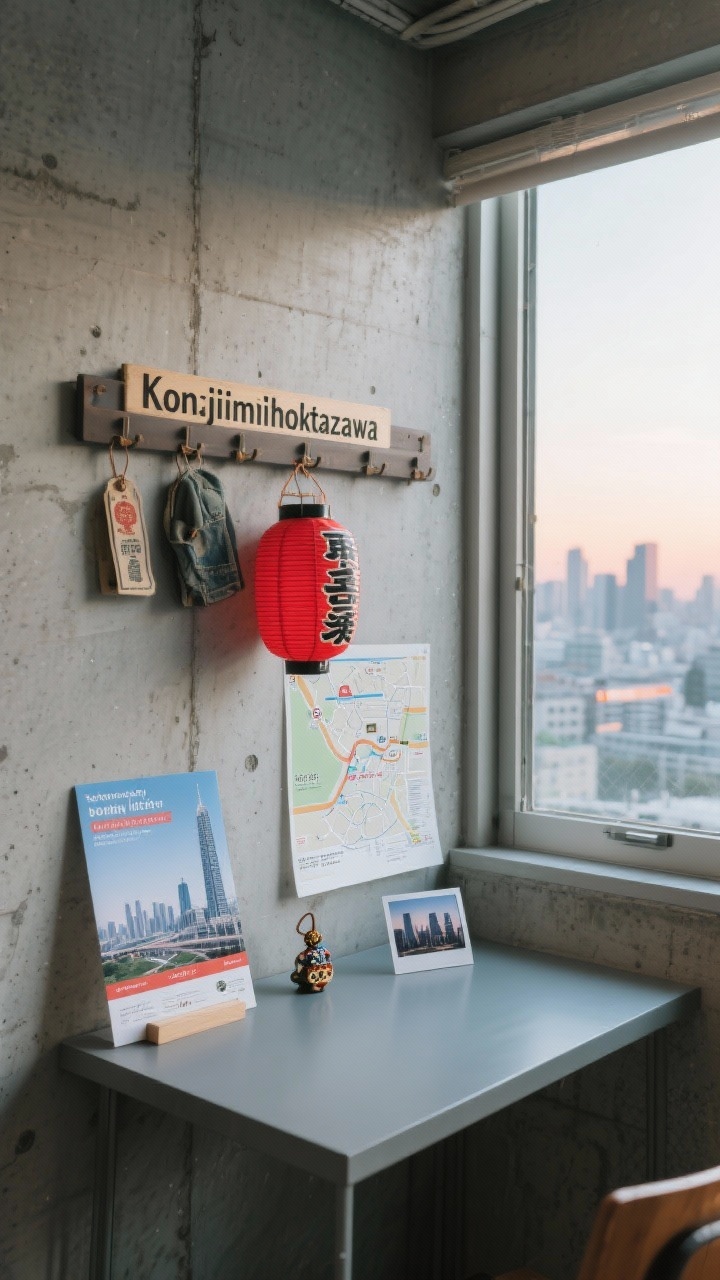 Medium shot: Tokyo budget-day itinerary corner—near a window with city views, a table displays a free brochure for the Tokyo Metropolitan Government Building observation deck, a small Asakusa Sensō-ji souvenir charm, Meiji Shrine map, and polaroid-style skyline snapshots; behind it, a wall rack holds thrifted vintage wear tags labeled Koenji/Shimokitazawa, and a simple transit map for Ueno and Odaiba sunset walkway. Cool daylight with gentle shadows, concrete and paper textures, muted urban palette with red accent from Sensō-ji lantern imagery; straight-on composition, no people.