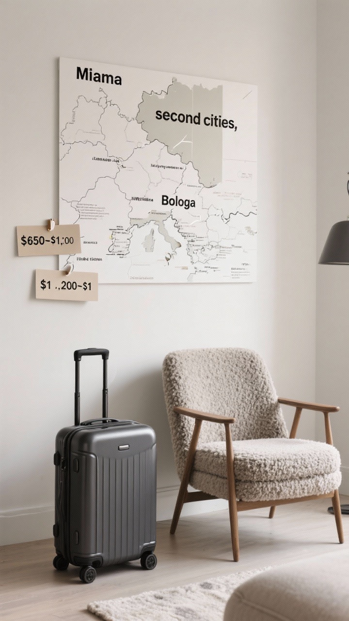 Medium shot, travel-themed vignette styled like a living room: a sleek carry-on suitcase in matte charcoal beside a boucle accent chair, a minimalist wall map highlighting Milan and Bologna as “second cities,” and pinned cards reading $650–$1,100 and $1,200–$1,
