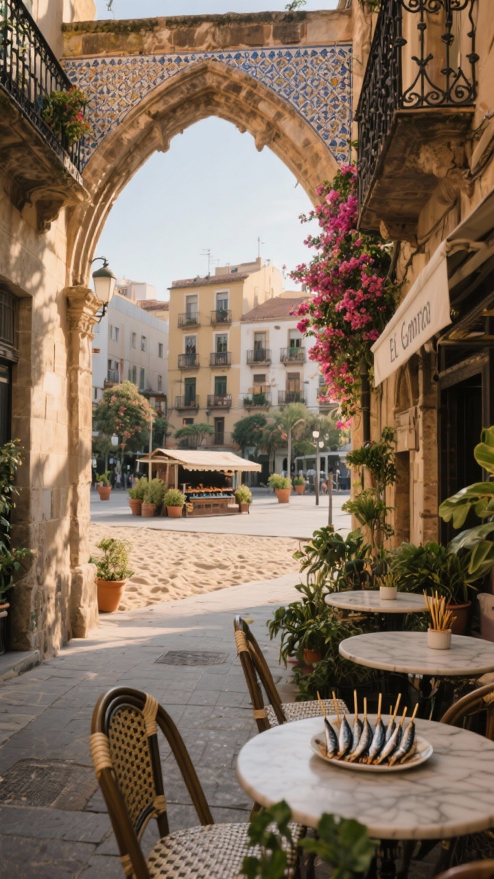 Medium street-corner view capturing neighborhood textures: El Carmen’s Gothic arch shadow over terrazzo café tables with leafy patio plants, a lane leading to El Palo’s sandy stretch with a simple beach shack grill displaying sardine skewers, and in the distance a Gràcia-style plaza with potted plants and balconies dripping with bougainvillea; century-old ironwork balconies and patterned hydraulic mosaic tiles visible above; warm late-afternoon light, photorealistic, no people