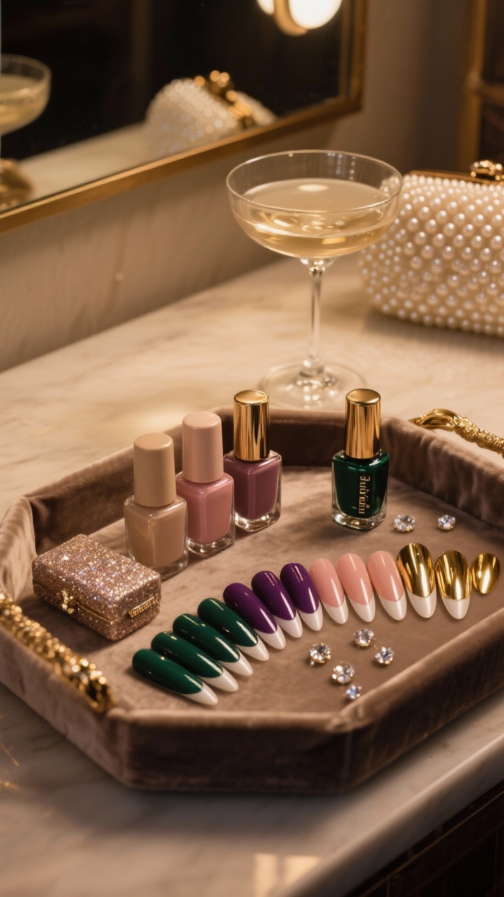 Medium vignette: Cocktail-hour glam vanity under soft ambient evening light—a velvet-lined tray with glazed neutral polishes (champagne, rosewater) and deep jewel tones (emerald, amethyst), metallic gold and pearl chrome French-tip strips, and a set of medium almond nail tips. A shimmer topcoat and a few Swarovski micro accents gleam near a coupe glass and pearl clutch. Low-key luxe atmosphere, warm highlights, camera-ready sophistication, straight-on composition.