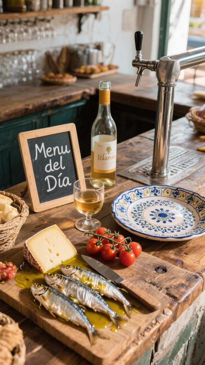 Overhead detail shot of a market-to-table picnic spread on a rustic wooden counter: boquerones glistening in olive oil, a wedge of Idiazabal cheese with a small knife, sweet little tomatoes on the vine, a glass of vermut on tap beside a chilled albariño bottle, a chalkboard “Menu del Día” card peeking in frame, ceramic plate with subtle Talavera-style pattern, bar standing area ambiance with patina, bright morning light (9–11 a.m.), photorealistic, no people