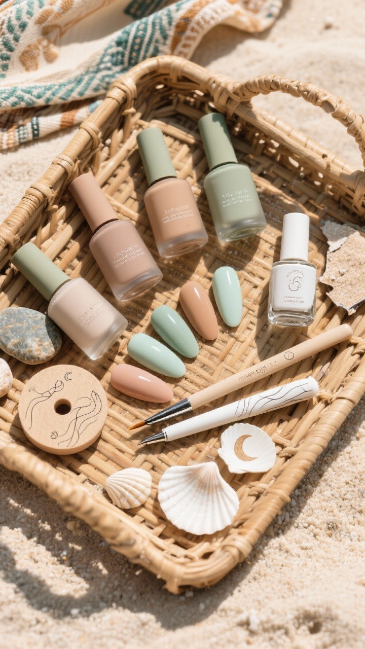 Overhead flat lay: Boho beachcomber palette on a sun-faded rattan tray—bottles of sage, clay, sand, and seafoam nail colors arranged as mix-and-match fingers, a soft almond/squoval nail wheel, micro linework brushes, and off-white ink for tiny waves, moons, and shells. Matte topcoat and a fine white veining pen sit near tumbled stones and a fragment of handmade sarong. Soft, warm, salt-kissed lighting, organic textures, earthy hues, collected-artisan mood.