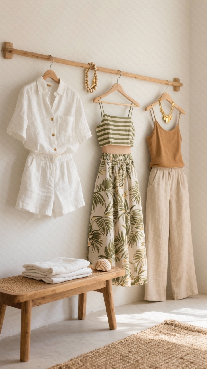 Photorealistic corner medium shot of a mix-and-match set display: a white linen short set (button-down + elastic-waist shorts) neatly folded on a teak bench; a cropped top and flowy skirt in a tropical leaf print (medium-scale) hanging beside a striped set in olive and sand; a lightweight pants set with wide-leg trousers and a tank in tan on a hanger. Accessories: gold jewelry warming the neutrals; beaded and shell pieces paired with the prints. Neutral base colors (white, tan, olive) contrasted with prints; soft morning light and a woven jute rug underfoot.
