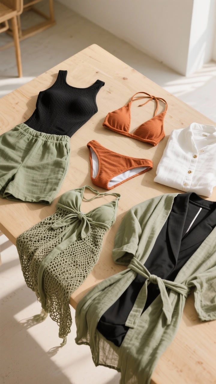Photorealistic detail shot of swimwear styled as outfits on a light wood tabletop: a ribbed square-neck one-piece (bodysuit style) in black partially tucked into sage linen shorts; a high-waisted bikini with a terracotta longline top beside an open white button-down; a sleek rash guard folded for sun-heavy excursions. Cover-ups arranged artfully: a sheer sarong tied to show skirt and halter-mini options, an open-knit dress over a monochrome suit for texture, and a kimono-style robe in lightweight viscose. Cohesive tones of black, terracotta, and sage; crisp natural side lighting emphasizing textures.