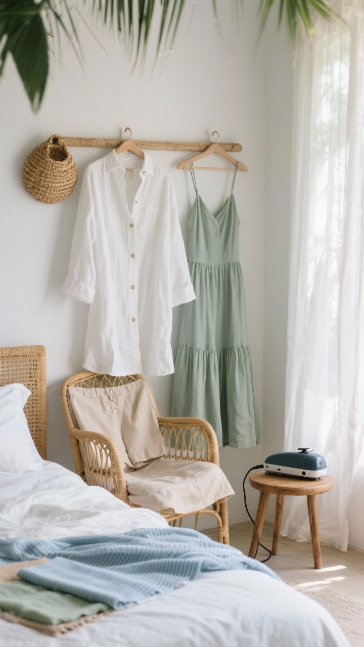 Photorealistic medium shot of a breezy tropical bedroom vignette showcasing floaty fabrics: an oversized white linen button-down draped over a cane chair beside airy sand-colored linen shorts; a cotton poplin tiered dress in sky white hangs from a rattan wall hook; a sage rayon slip dress with adjustable straps rests on the bed. Palette of white, sand, sage, and sky blue; visible natural wrinkles in linen as a feature. Light seersucker and Tencel swatches on a small side table. Soft, diffused daylight streaming through sheer curtains, no heavy knits or polyester in sight, travel steamer on a low stool for context.
