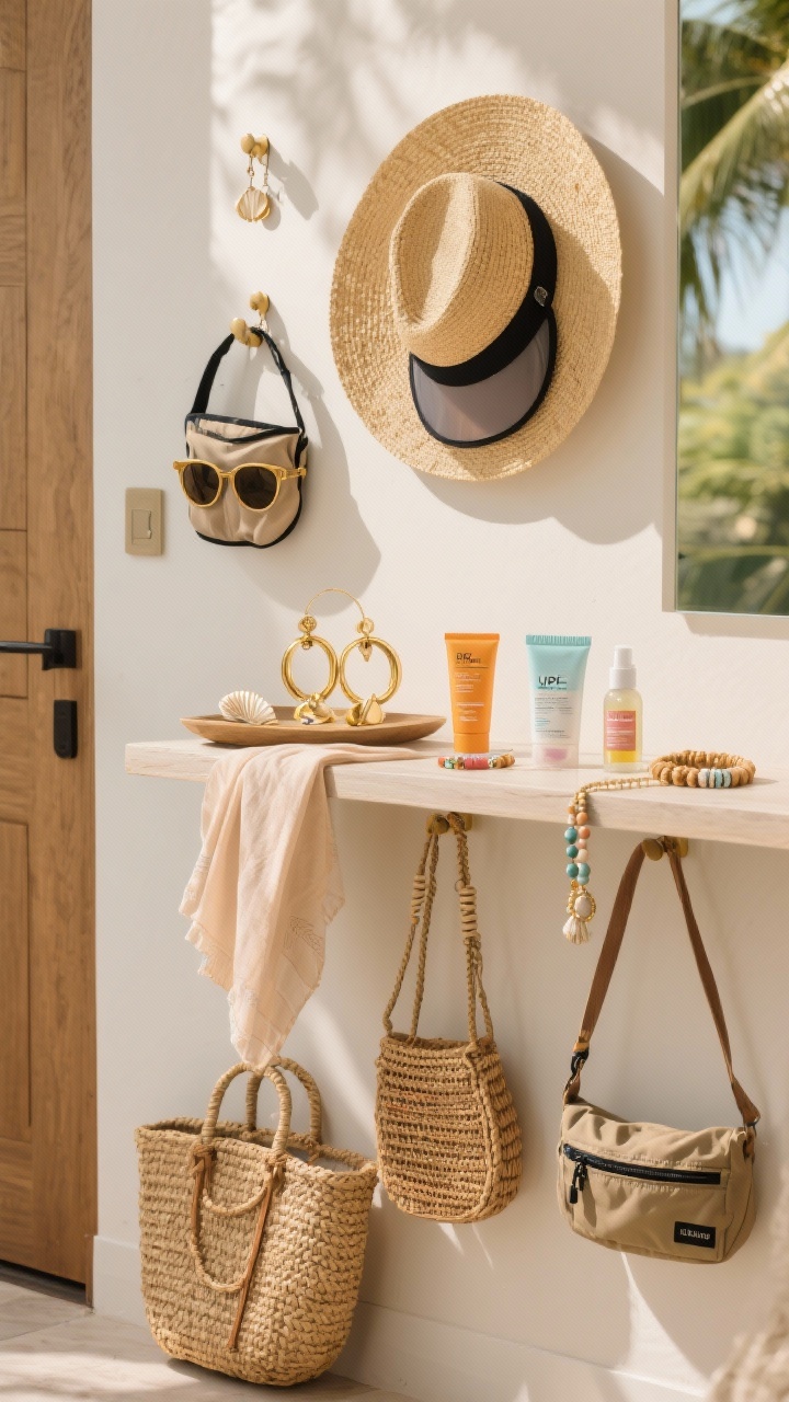 Photorealistic medium shot of an entry console styled with chic, functional accessories: a wide-brim straw hat and a packable visor (UPF) on wall pegs; polarized sunglasses on a tray; a light scarf/sarong draped over the edge. Jewelry laid out: gold-tone hoops, shell earrings, beaded bracelets, rope anklets. Bag trio below: straw tote (day), rattan crossbody (night), nylon belt bag (excursions). Beauty and comfort extras grouped: sweat-resistant sunscreen, SPF lip balm, oil-absorbing sheets, hydrating mist, and anti-chafe balm. Warm tropical daylight with gentle shadows adds a sun-smart mood.