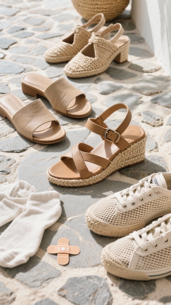 Photorealistic overhead detail shot of vacation footwear on a cool stone floor: supportive slides with padded footbeds in neutral leather; strappy flat sandals with adjustable buckles; espadrille wedges and block-heel sandals suitable for cobblestones; breathable mesh or canvas sneakers. Nearby: thin no-show socks and a Band-Aid friction stick for care. Materials in raffia and neutral leather dominate for a resort-polished look. Bright, clean daylight highlighting cushioning, straps, and woven espadrille texture.