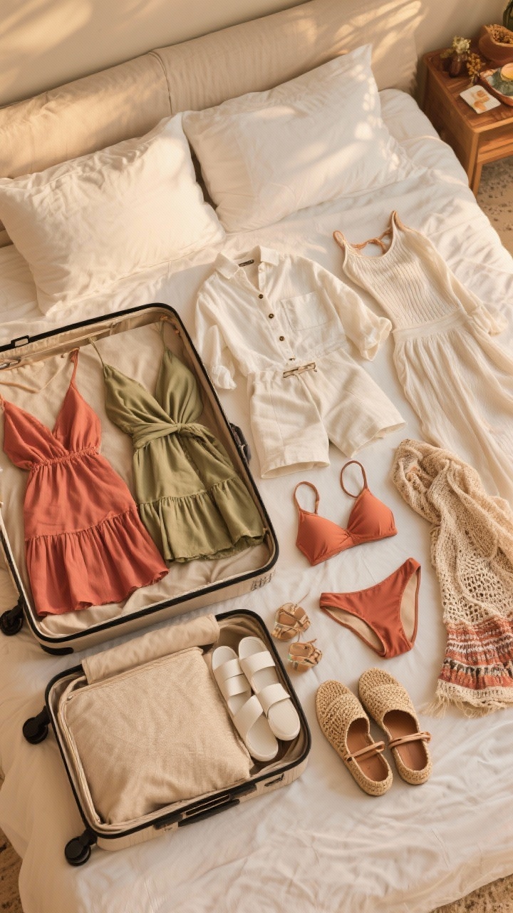 Photorealistic wide shot of a neatly organized suitcase-on-bed capsule flat lay in a warm palette (sand, coral, rust, olive, white): 10 core pieces visible—two dresses (tiered midi and slip or wrap), linen shorts + button-down set, one flowy skirt or lightweight wide-leg trouser, ribbed tank and airy blouse, one-piece swimsuit (bodysuit style) and mixable bikini, one cover-up (sarong or open-knit dress), and three shoes (supportive slides, strappy flats, espadrille wedge or breathable sneaker). Side clusters suggesting outfit math: day exploring, beach to bar, sunset dinner, boat day, market morning. Late-afternoon natural light, cohesive color story for mix-and-match impact.