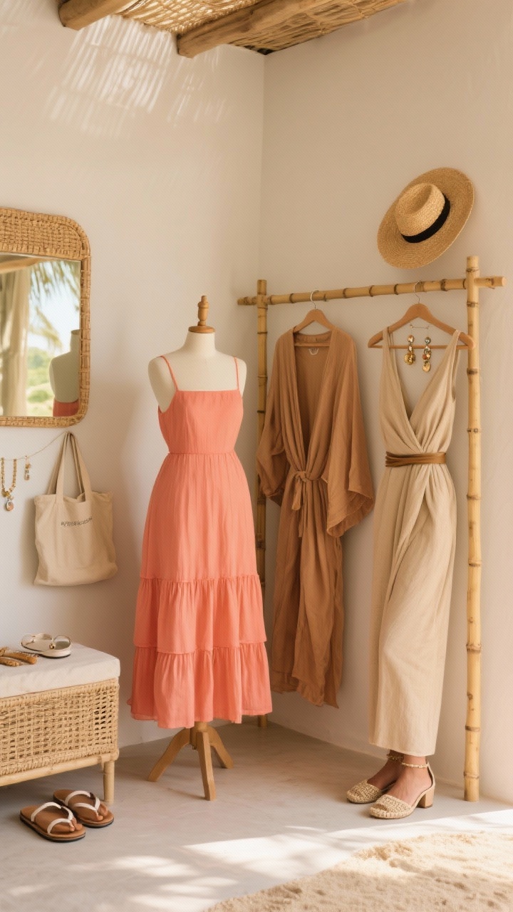 Photorealistic wide shot of a resort-style dressing nook centered on the one-and-done dress concept: a coral tiered midi with a square neckline on a mannequin, a flowing tan kaftan/tunic dress on a bamboo rack, and a sand wrap dress on a hanger. Styling zones arranged: Day setup with minimal jewelry, flat slides, and a canvas tote; Beach setup with straw hat and flip-flops; Evening setup with a slim belt, statement earrings, and heeled espadrilles. Complementary tones of coral and sand throughout. Warm golden afternoon light, rattan textures, and a simple mirror reflecting the breezy space.