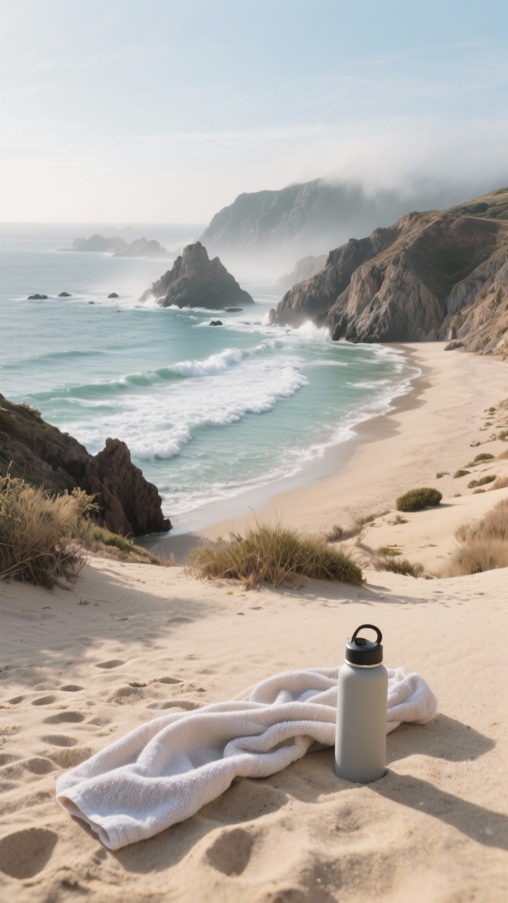 Wide coastal landscape, serene beach scene combining Costa da Morte, Cabo de Gata, and Menorca’s south coves: wild cliffs with misty drama and foam-tipped waves to the left, volcanic coves with pale sand and turquoise water to the right, desert-chic minimal vegetation, a quick-dry towel and reusable water bottle placed on the sand beside a light scarf, early morning light pre-10 a.m. for a private-deck energy, clean horizon, photorealistic, no people