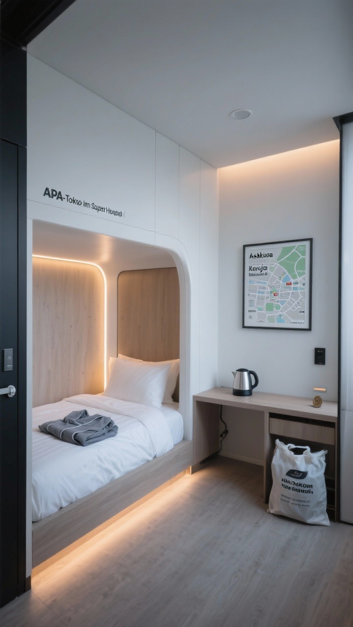 Wide room shot: Minimalist micro-hotel bedroom inspired by capsule and business hotel aesthetics—tiny footprint, clean lines, built-in capsule-style sleeping nook with soft warm LED strip lighting, crisp white bedding, folded gray pajamas on the bed, compact desk with kettle, and a coin-laundry bag by the door; subtle signage nods to APA/Toyoko Inn/Super Hotel; neighborhood hints via framed maps labeled Asakusa, Koenji, Karasuma, and Shin-Imamiya. Colorway of white, charcoal, and pale wood; corner angle, evening ambient glow, textures of pressed laminate, smooth acrylic, and cotton percale.