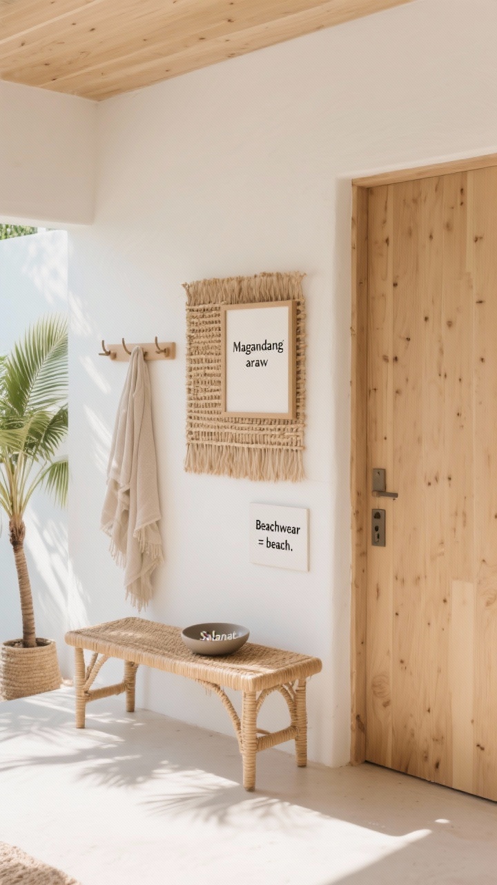 Wide shot: A tropical minimalist entryway vignette conveying warm, welcoming, joyfully unfussy vibes—natural rattan bench, woven wall decor, a small matte ceramic dish labeled “Salamat,” and a framed print with “Magandang araw” in understated typography; a lightweight shawl for modesty draped on a peg, and a discreet sign reminding “Beachwear = beach.” Sunlit space with bright, airy feel, light wood tones, white walls, a potted palm casting soft shadows. Straight-on composition, no people.