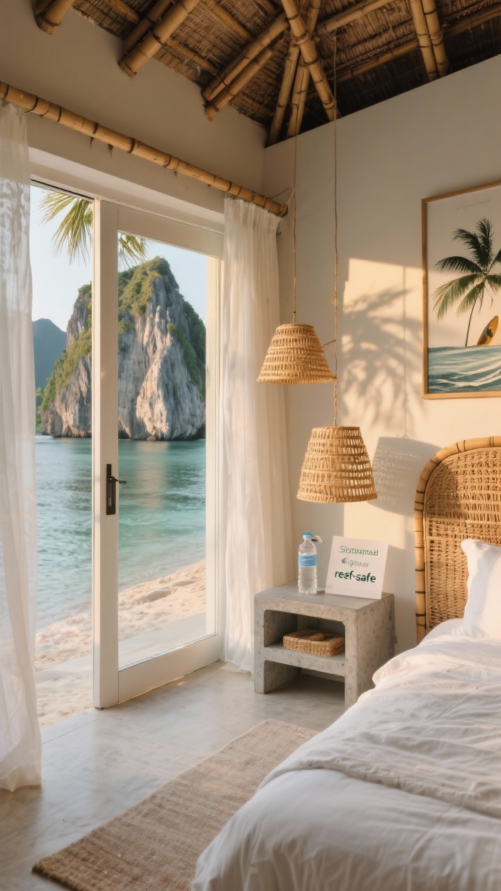 Wide shot: An island-style bedroom blending boutique and beach-hut aesthetics—woven lamps, bamboo accents, rattan headboard, concrete side tables, and gauzy white bedding; sliding doors open to a glimpse of limestone cliffs over glass-clear water, hinting at Palawan; a surf-inspired print and palm shadows nod to Siargao; a reusable water station on a small console with a “reef-safe” note. Golden-hour light streams in, photorealistic textures, tranquil and design-forward. Corner angle.