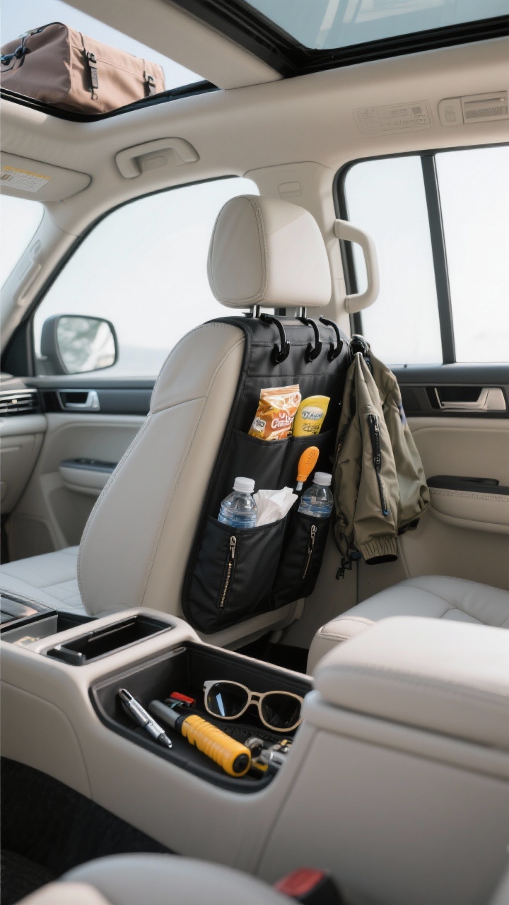 Wide shot from the front passenger door toward the back seat to showcase vertical and hidden storage: matte black headrest hooks holding a lightweight jacket and a small bag, a seat-back organizer with zip pockets neatly stowing snacks, tissues, and sunscreen, slim water bottles in door pockets, and a tidy glovebox slightly ajar showing a pen, flashlight, tire gauge, and spare sunglasses. Suggest a soft rooftop bag visible through the window rails. Balanced daylight; clear emphasis on vertical lines and “everything in its place.”
