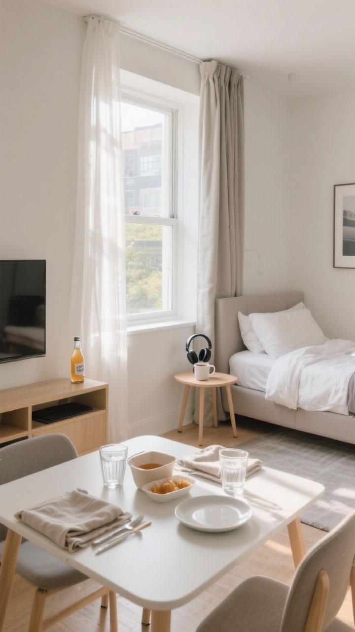 Wide shot of a bright short-term rental living-dining area styled as a daily rhythm set: morning scene with curtains open to flood natural light, bed in the adjacent nook crisply made, a subtle spritz bottle on the console; a small dining table set intentionally for a takeout meal—cloth napkins, simple plates, water glasses—creating a grounded meal moment; in the corner, a side table holds a mug of tea and headphones ready for a nighttime podcast ritual; balanced composition emphasizing chronological design; photorealistic, wide perspective.