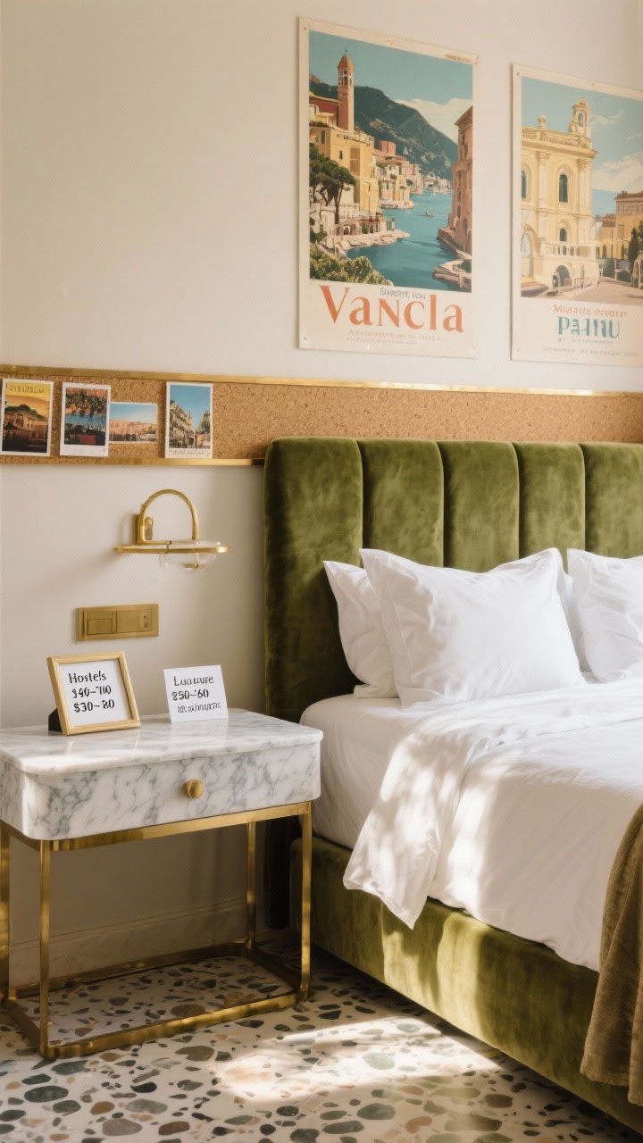 Wide shot of a chic bedroom suite blending palazzo opulence and linen-light minimalism: marble-topped console, velvet headboard, crisp linen bedding, and terrazzo floors. On the nightstand, small framed cards with price tiers: Hostels $30–$60, Midrange $140–$260, Boutique $250–$450, Luxury $600–$1,200+, plus a subtle “tourist tax $2–$8 pp/night” note. Venice/Amalfi vintage travel posters on the wall contrasted with Puglia/Bologna postcards on a cork strip. Golden late-afternoon sunlight, muted creams, moss green velvet, and brass details, photorealistic.