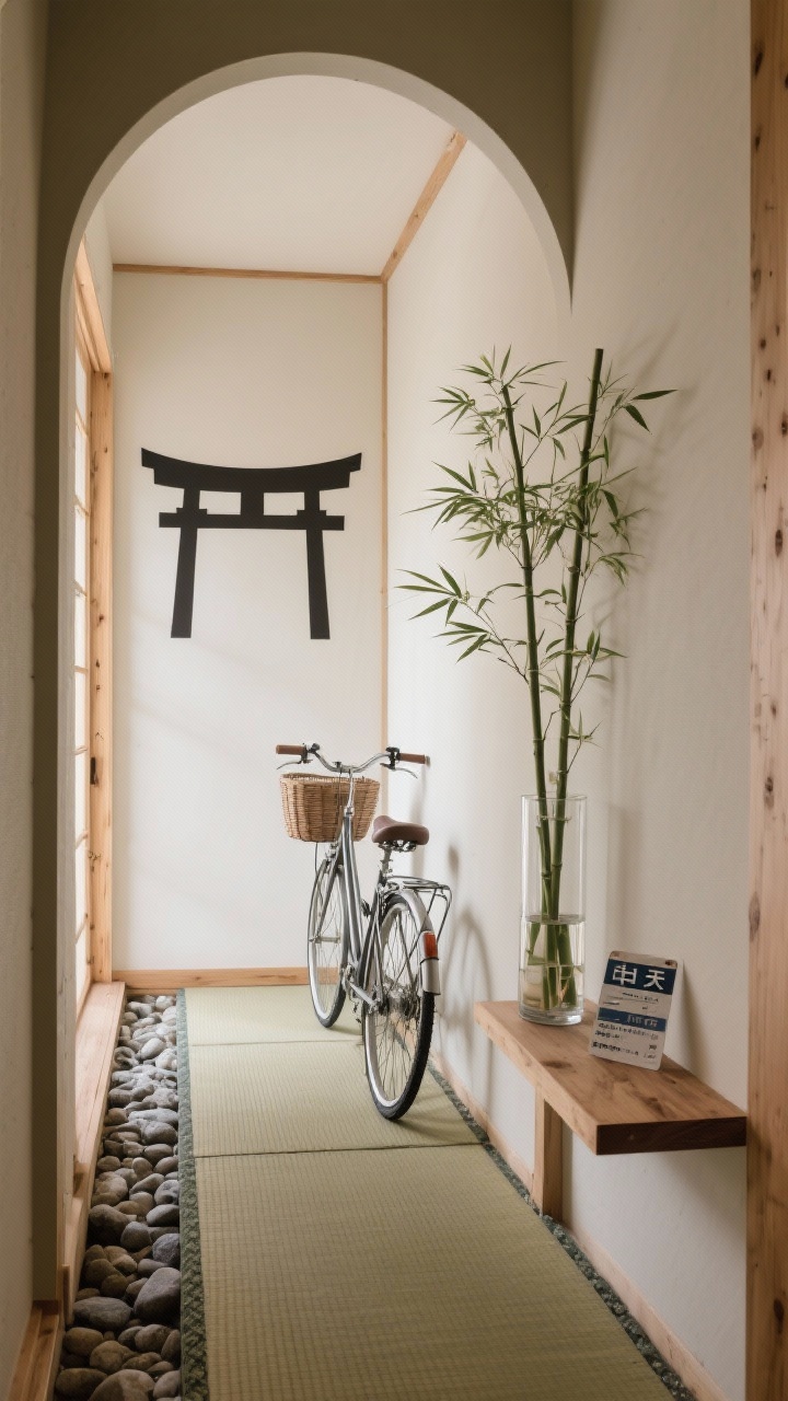 Wide shot: Serene Kyoto-inspired hallway vignette—archway leading to a wall with minimalist torii silhouettes evoking Fushimi Inari, a narrow path of river stones along a tatami runner suggesting the Philosopher’s Path, and a tall glass cylinder with bamboo stems referencing Arashiyama; a simple bike with basket leans against the wall, and a compact subway-bus day pass sits on a small wooden shelf. Early-morning, low-angle light for a tranquil mood; natural textures of tatami, stone, bamboo, and unfinished wood; corner perspective.