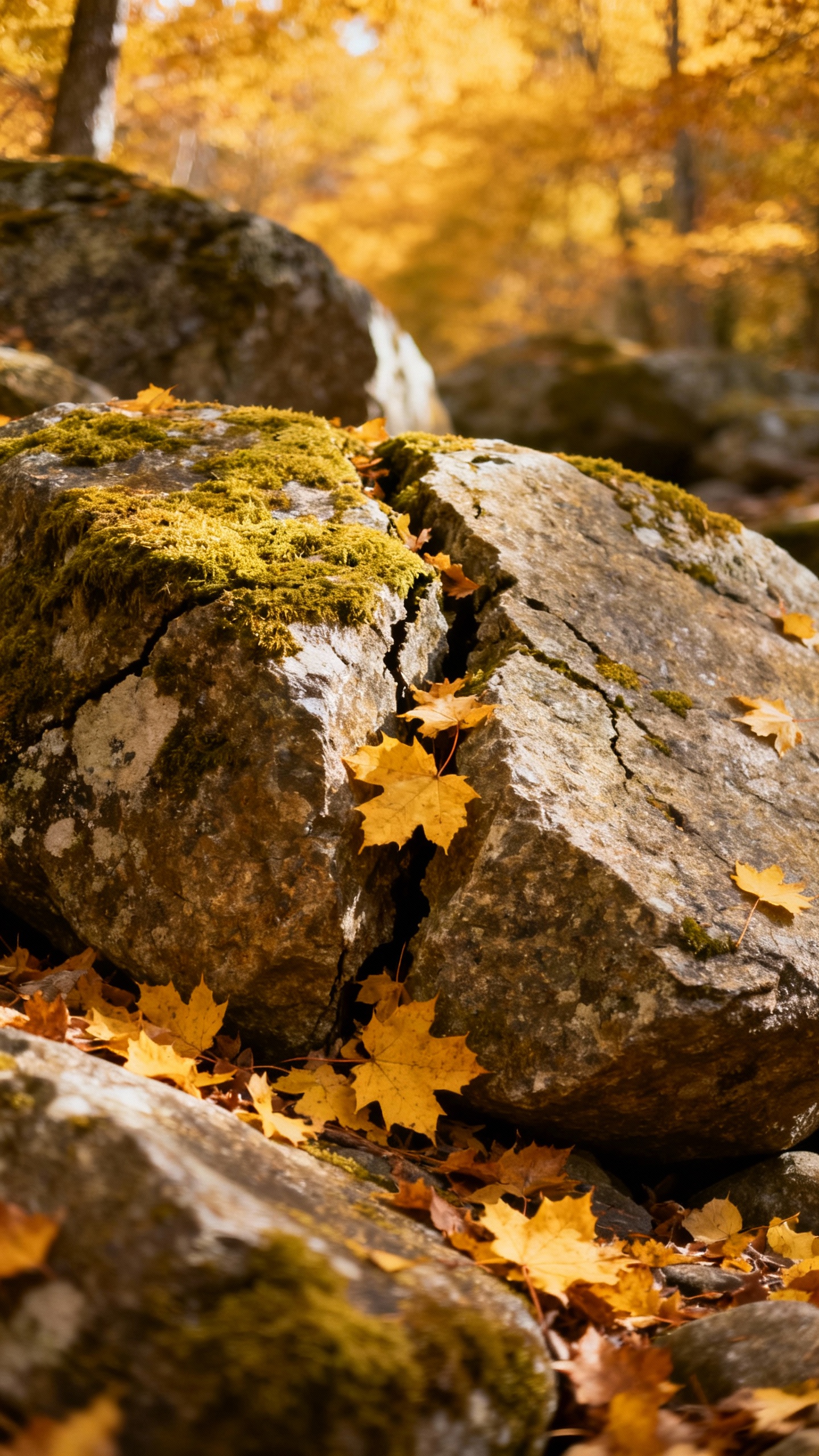 Autumn Smugglers’ Notch boulders, mossy cracks, golden leaves