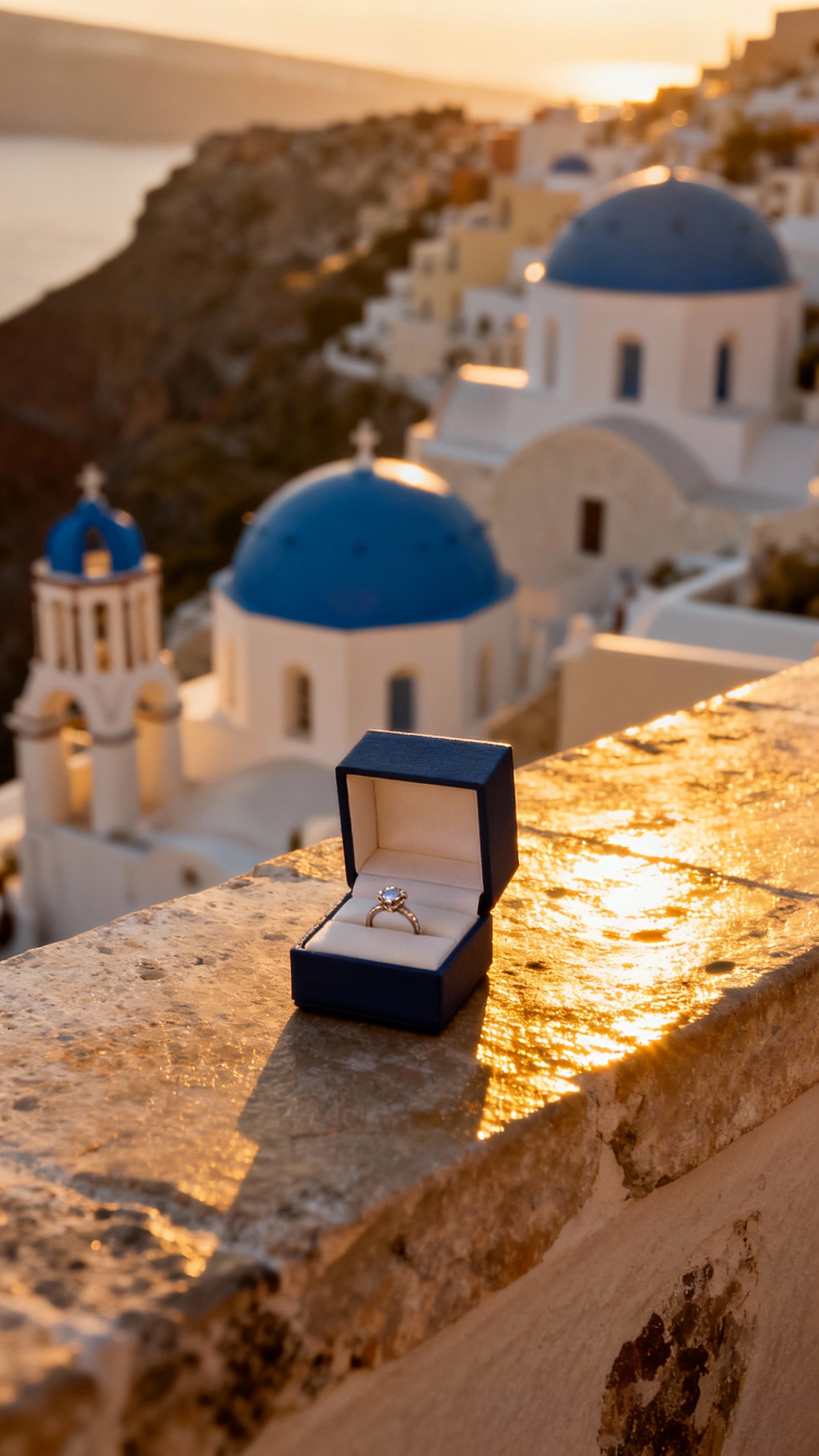 Closeup engagement ring box on Santorini terrace, blue domes, golden-hour light