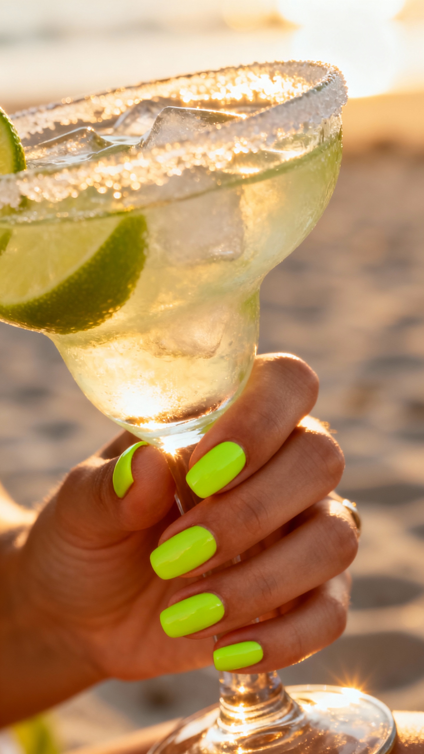 Closeup female hand with neon lime French tips gripping margarita glass, beach sunlight