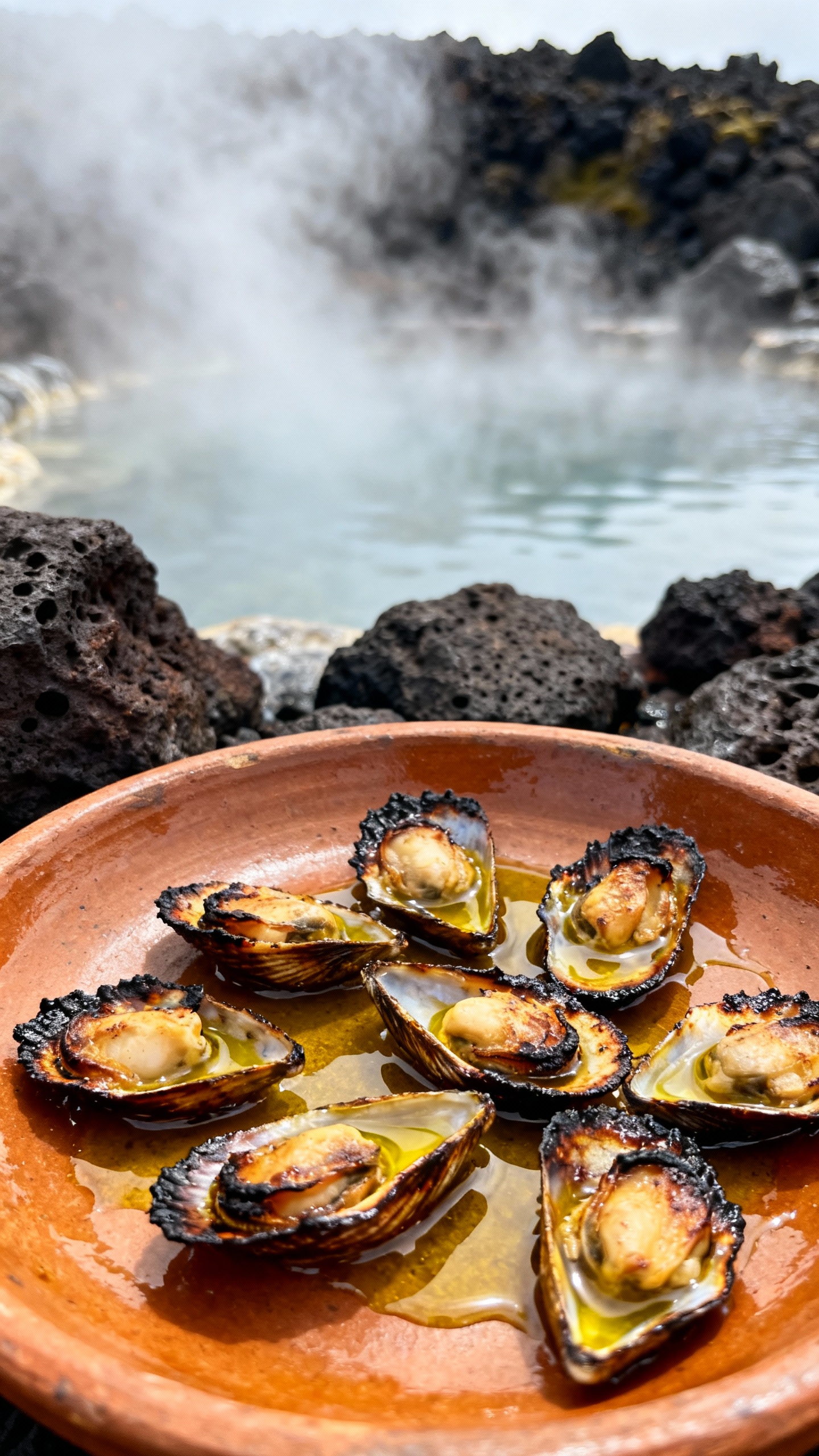 Closeup grilled limpets on rustic plate, Azores hot springs steam