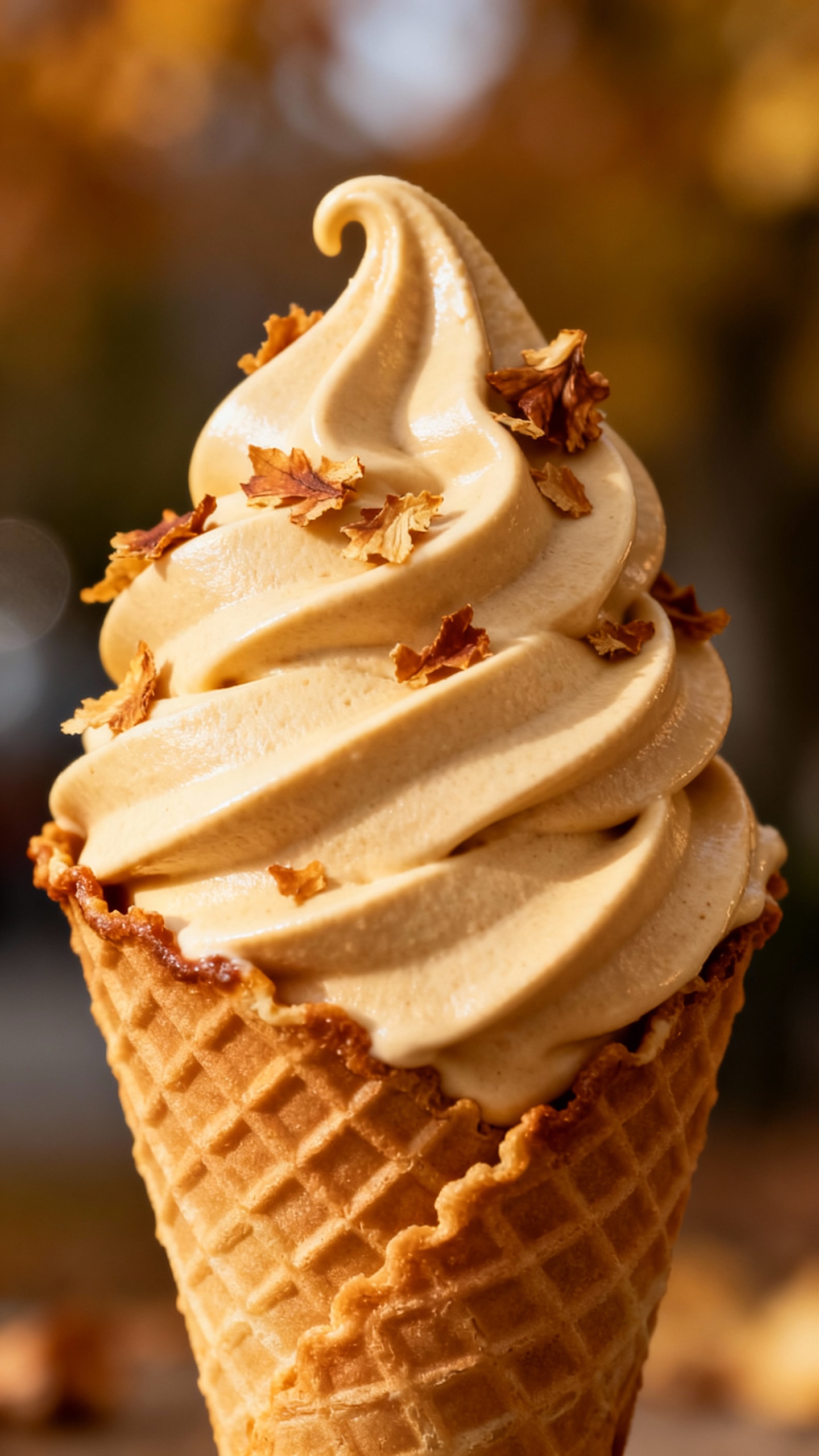 Closeup maple creemee swirl, waffle cone, maple flakes