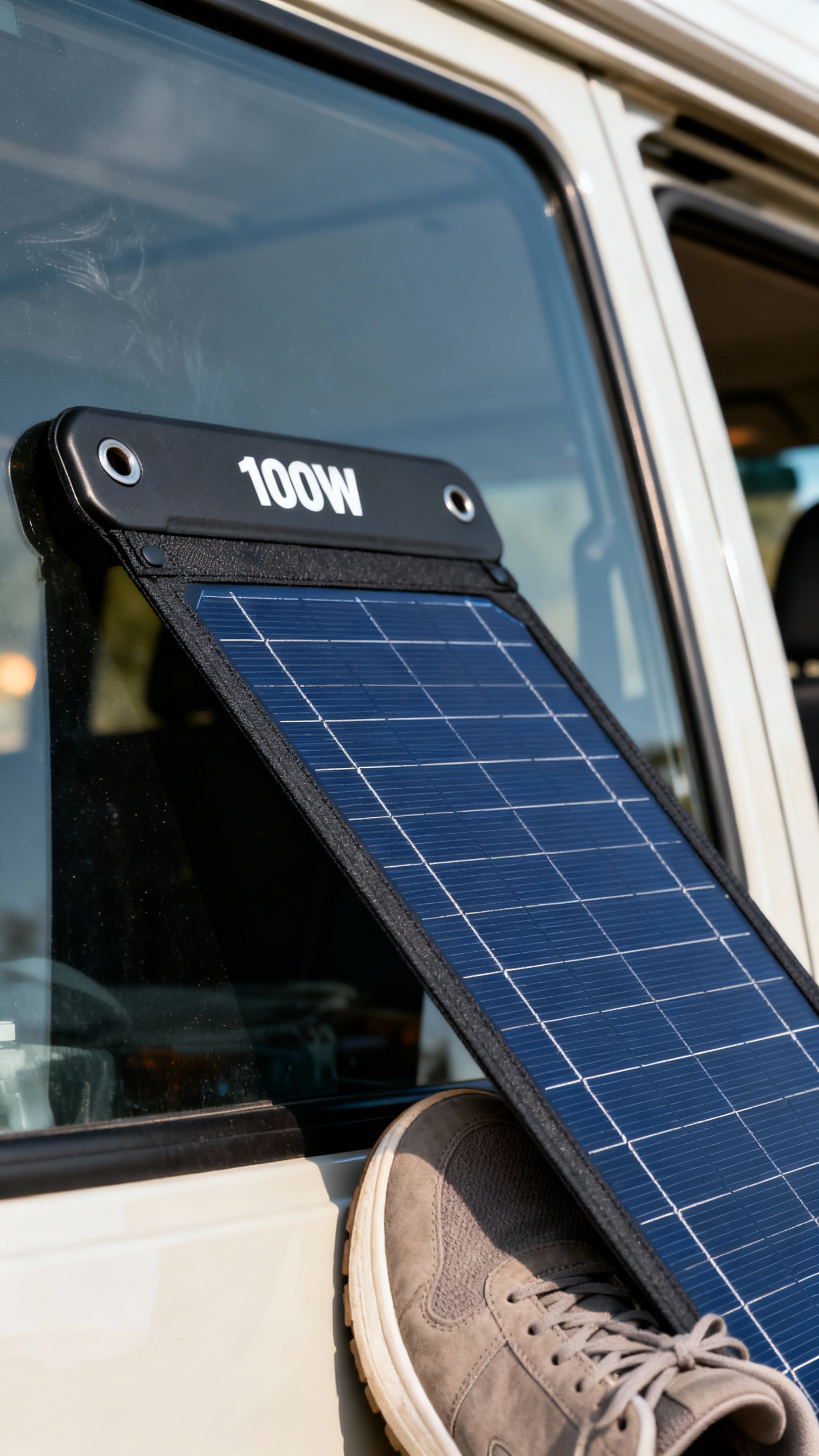 Closeup of 100W foldable solar panel on van windshield, angled by a shoe