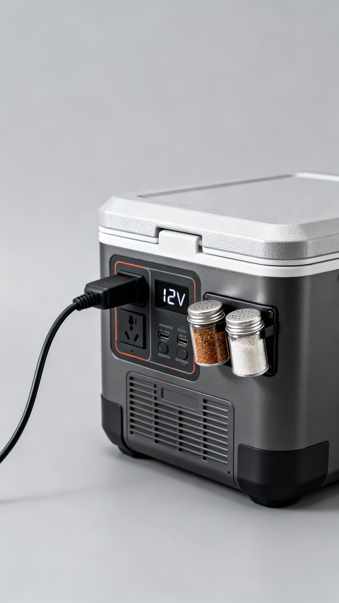Closeup of 12V electric cooler plugged into portable power station, magnetic spice tins on metal sur