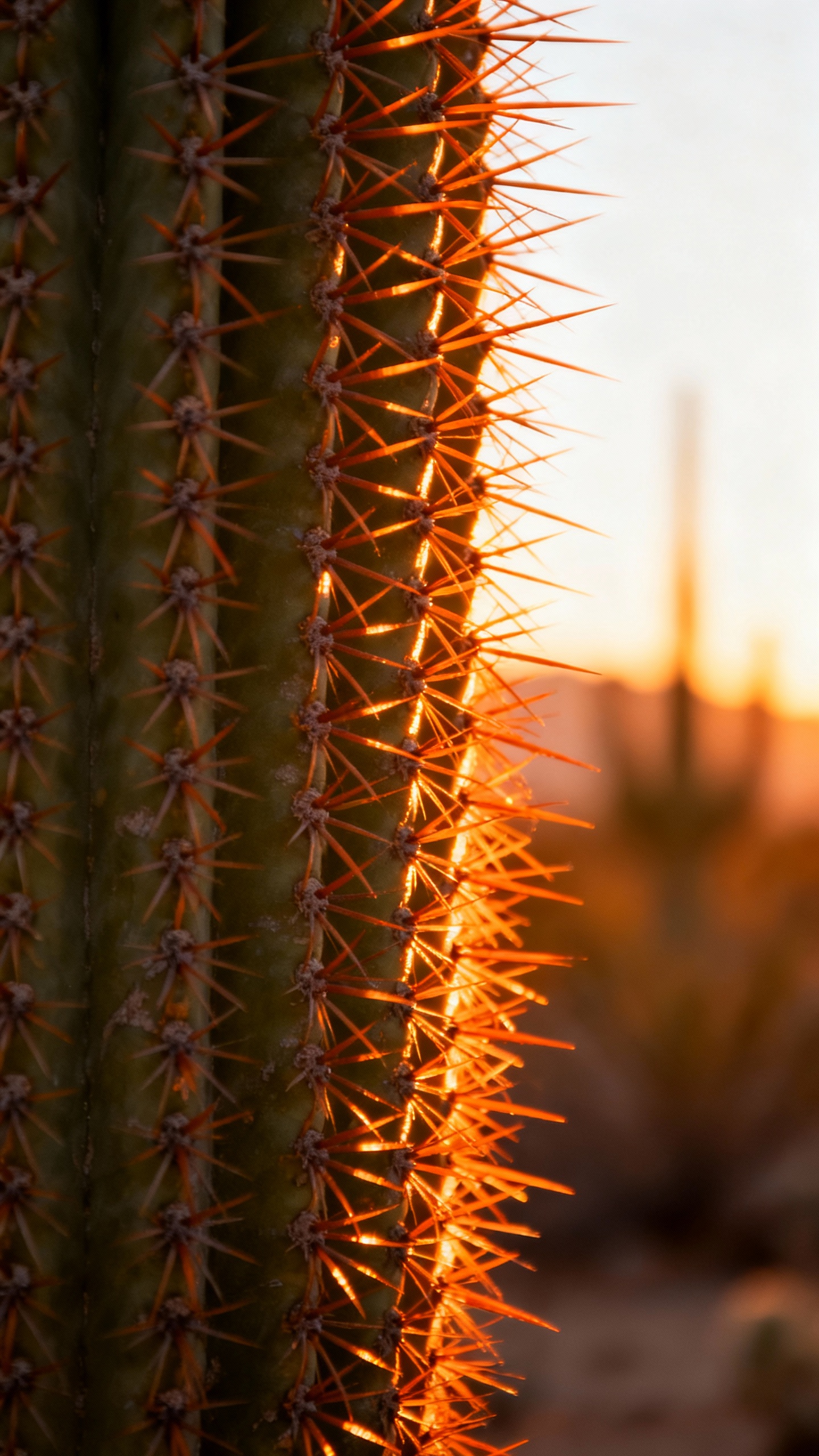 Closeup of backlit saguaro spines glowing at sunset