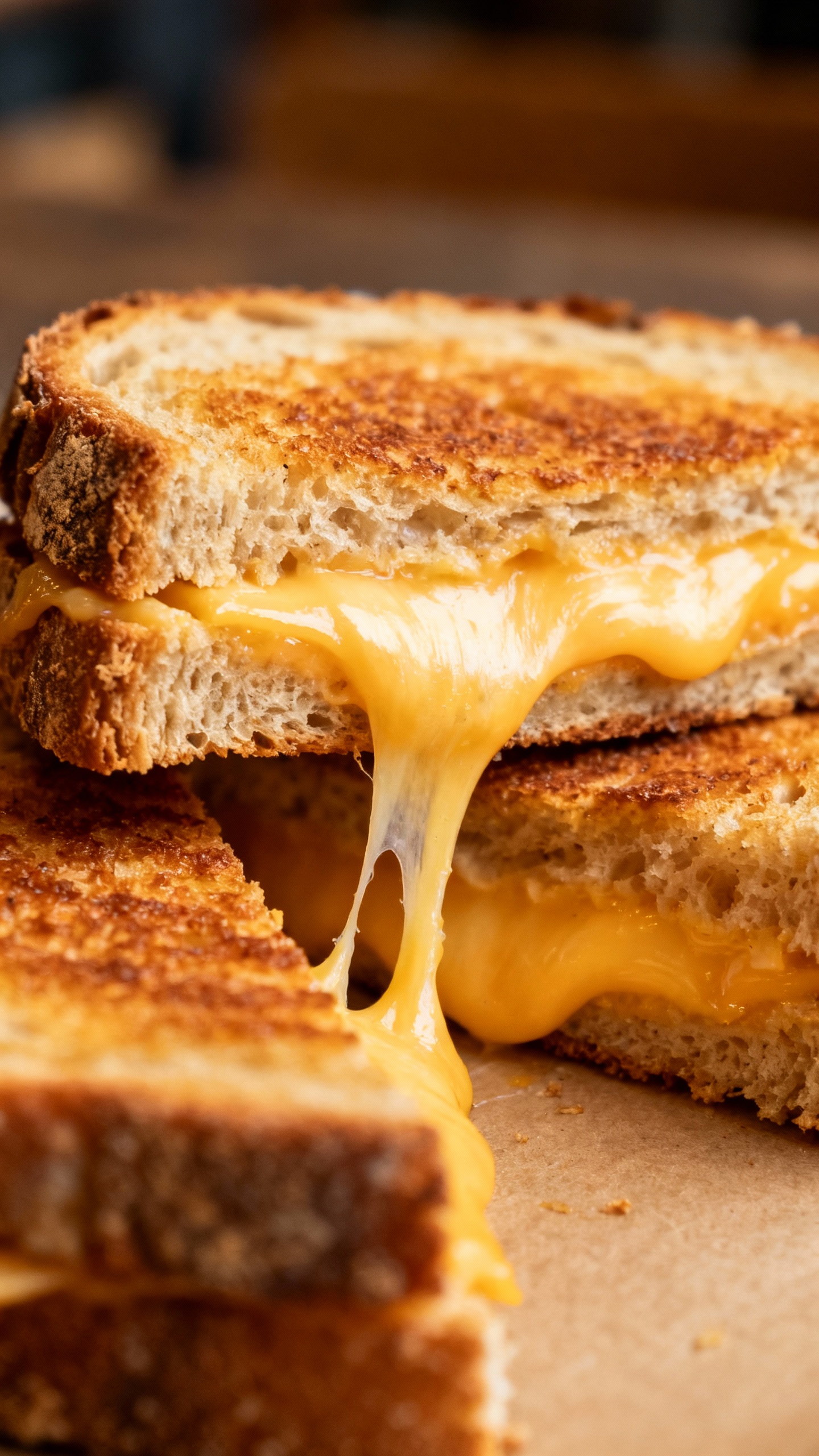 Closeup of Borough Market toasted cheese sandwich, gooey raclette stretch, rustic bread crust
