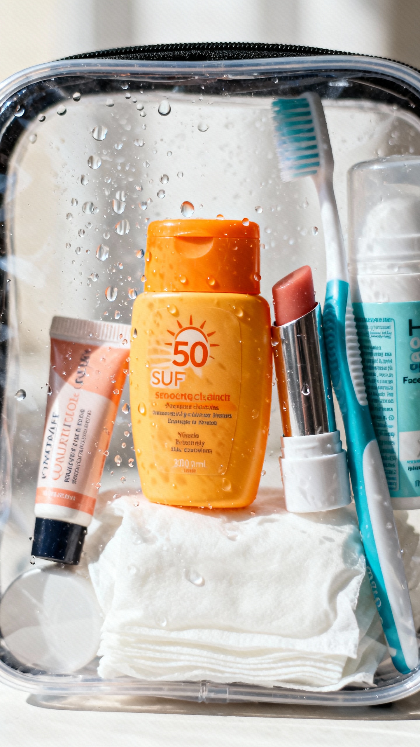 Closeup of clear quart toiletry bag with mini SPF, lip balm, toothbrush, travel deodorant, face wipe