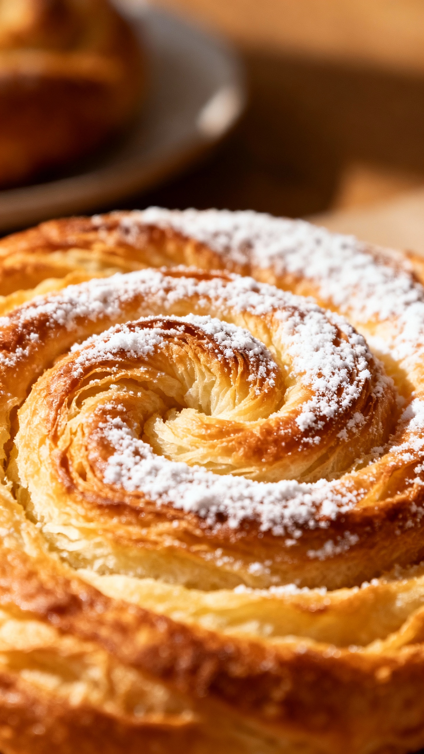 Closeup of ensaimada pastry, powdered sugar, flaky spiral texture