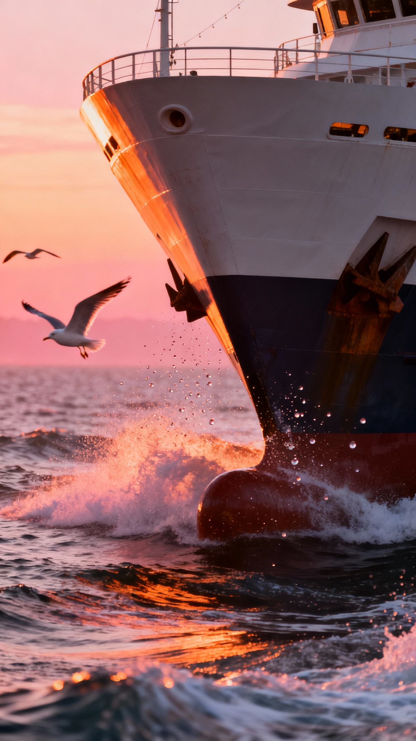 Closeup of ferry bow cutting waves at sunrise, seagulls