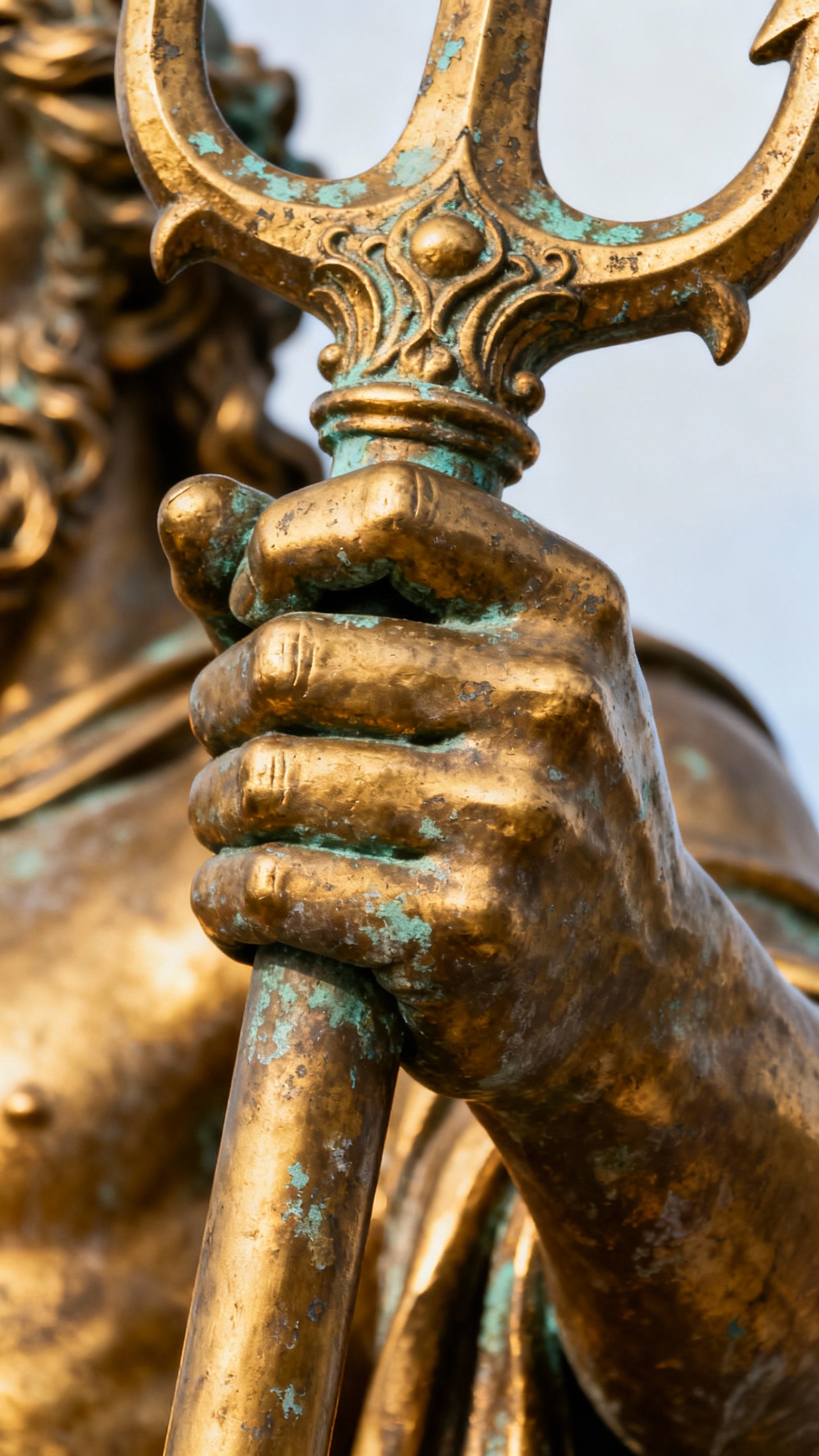 Closeup of King Neptune statue bronze hand gripping trident