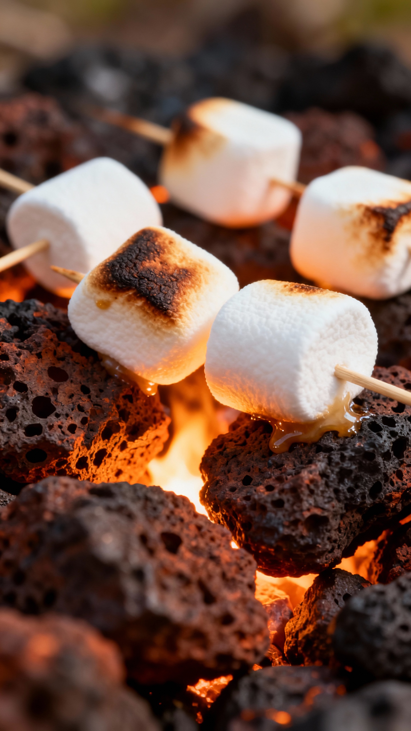 Closeup of marshmallows roasting on Pacaya lava rocks