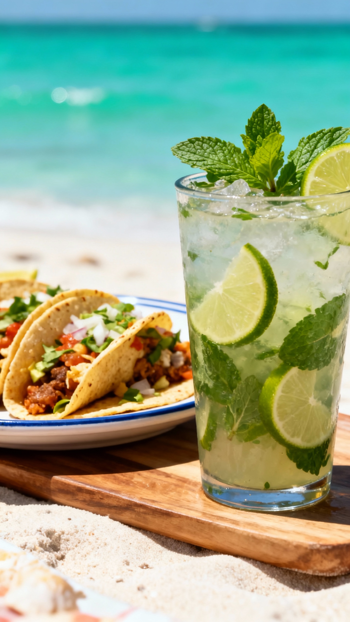 Closeup of mojito beside tacos on Cancun beach, teal water
