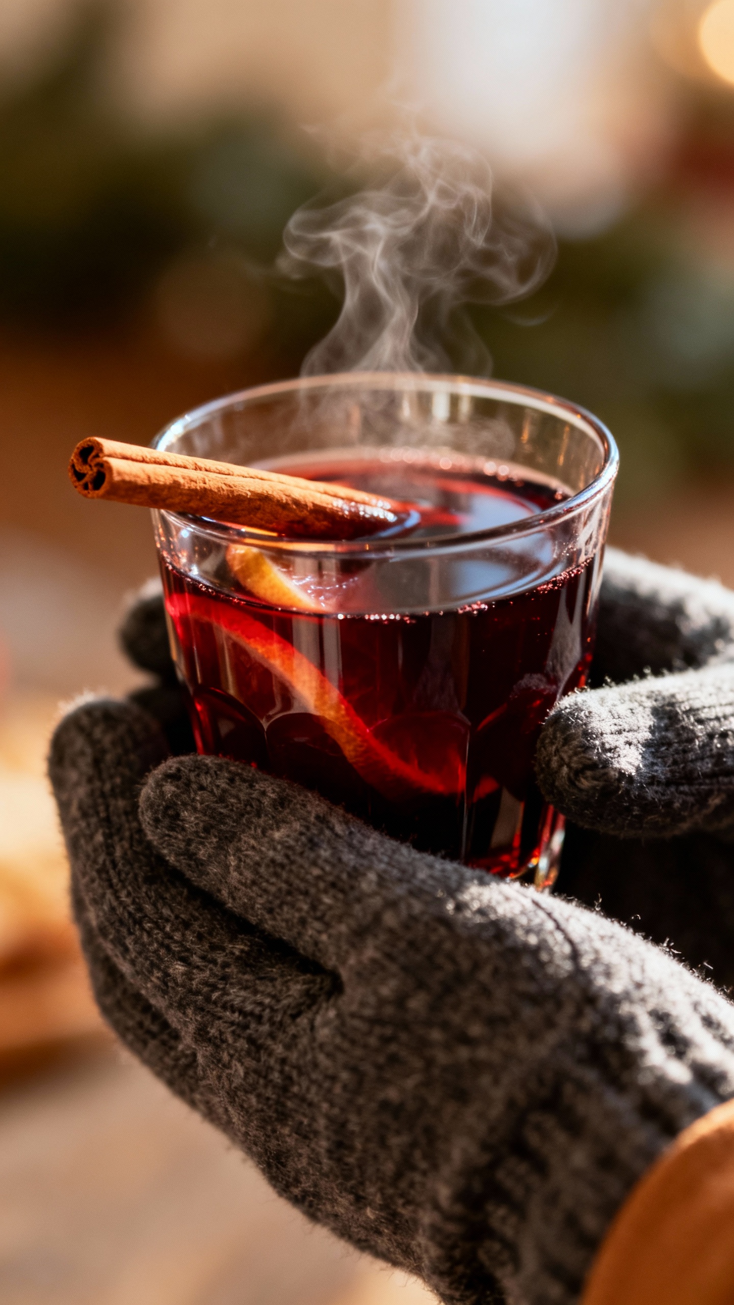 Closeup of mulled wine in gloved hands, cinnamon stick, steam rising