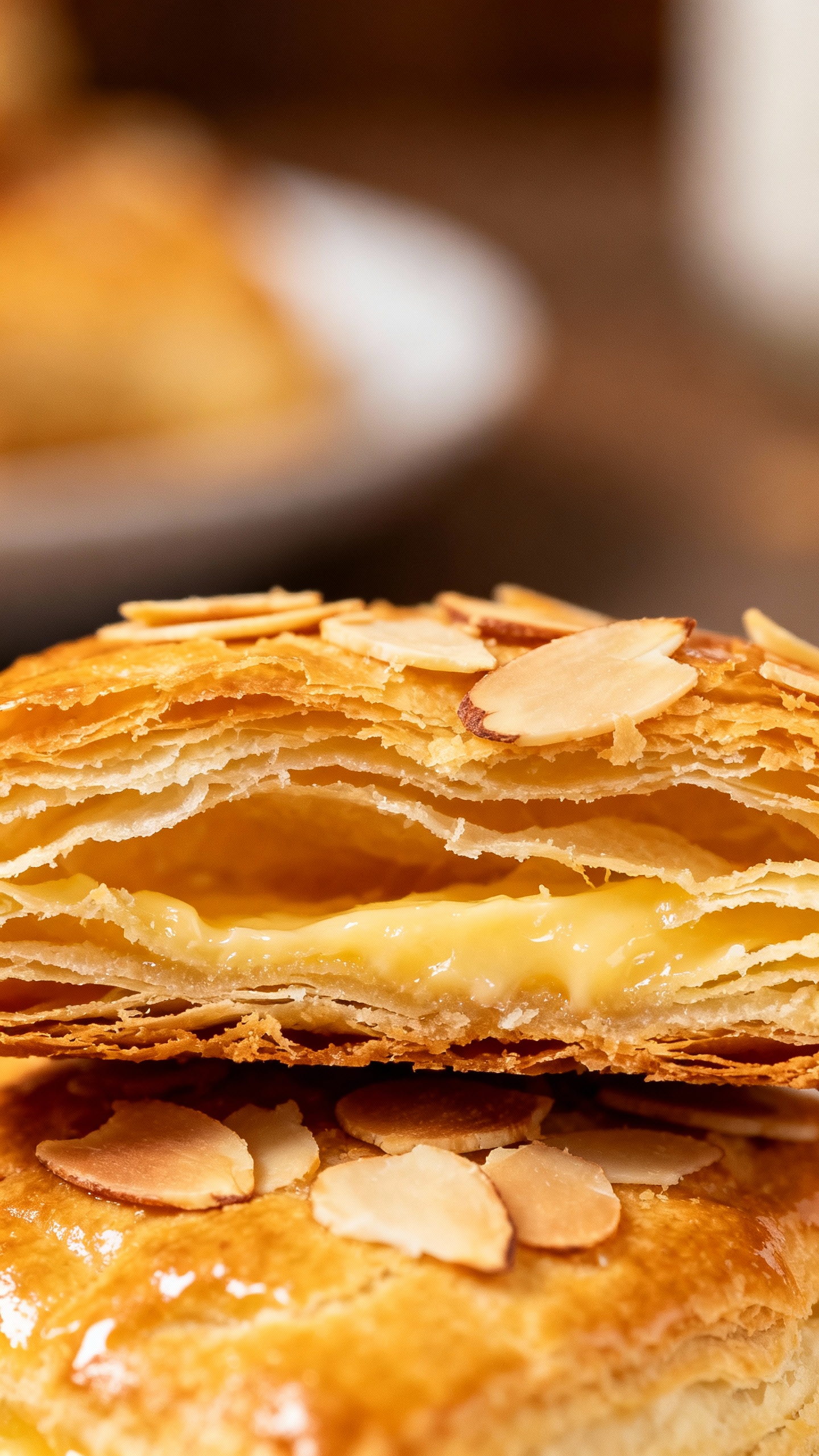 Closeup of Piriquita travesseiro pastry, flaky almond layers