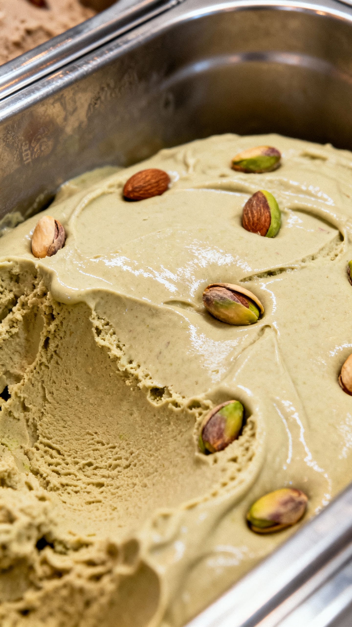 Closeup of pistachio and nocciola gelato, covered steel bins, natural earthy colors