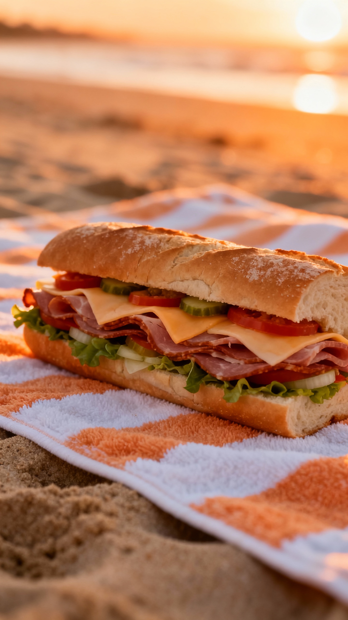 Closeup of Publix deli sub on sandy beach towel, sunset-lit