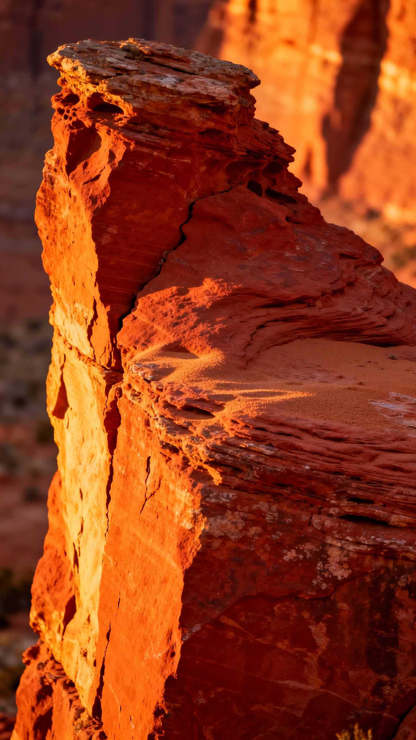 Closeup of red rock fin at sunrise, warm glow, textured sandstone