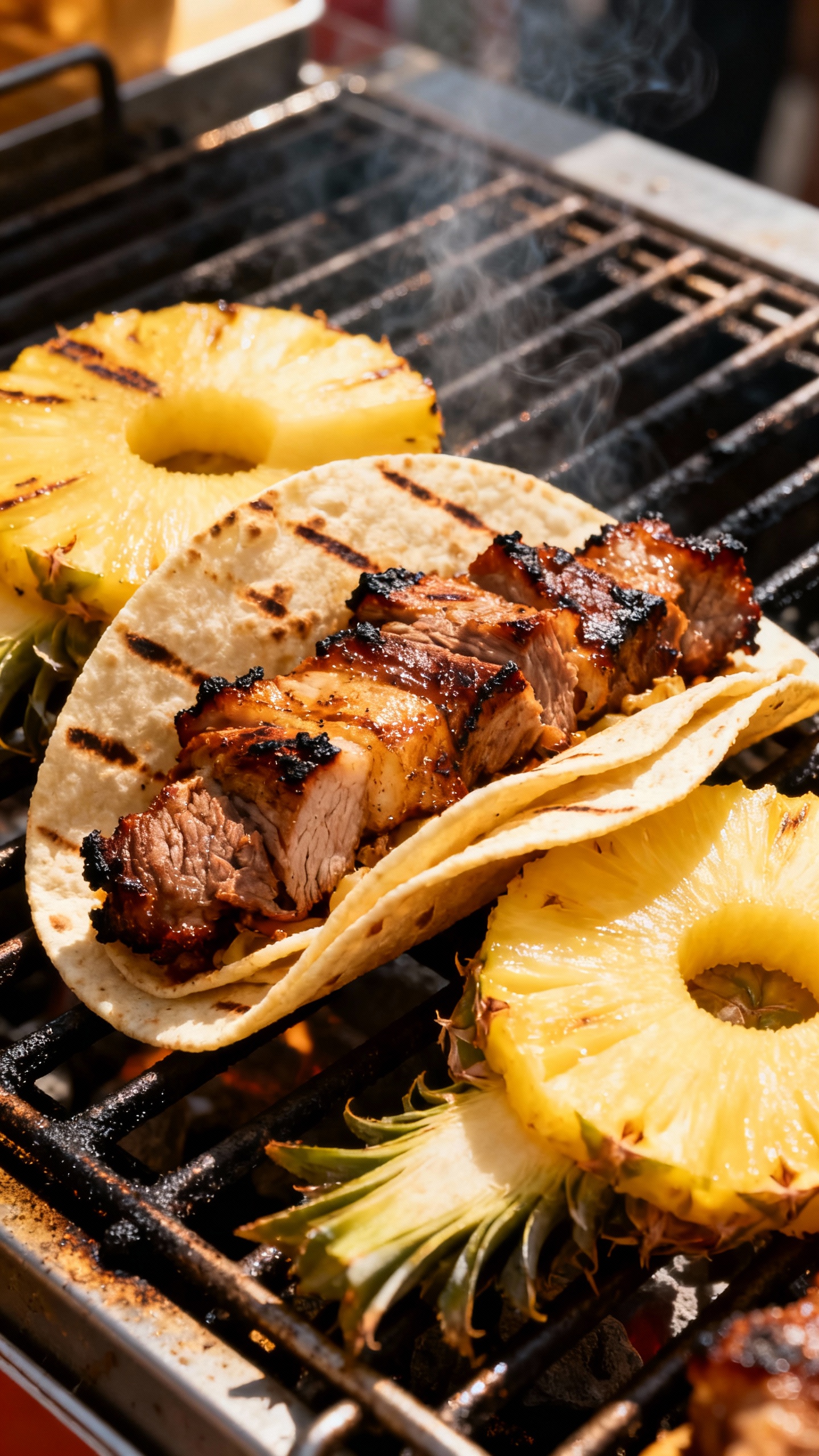 Closeup of tacos al pastor on street stand grill, pineapple slices