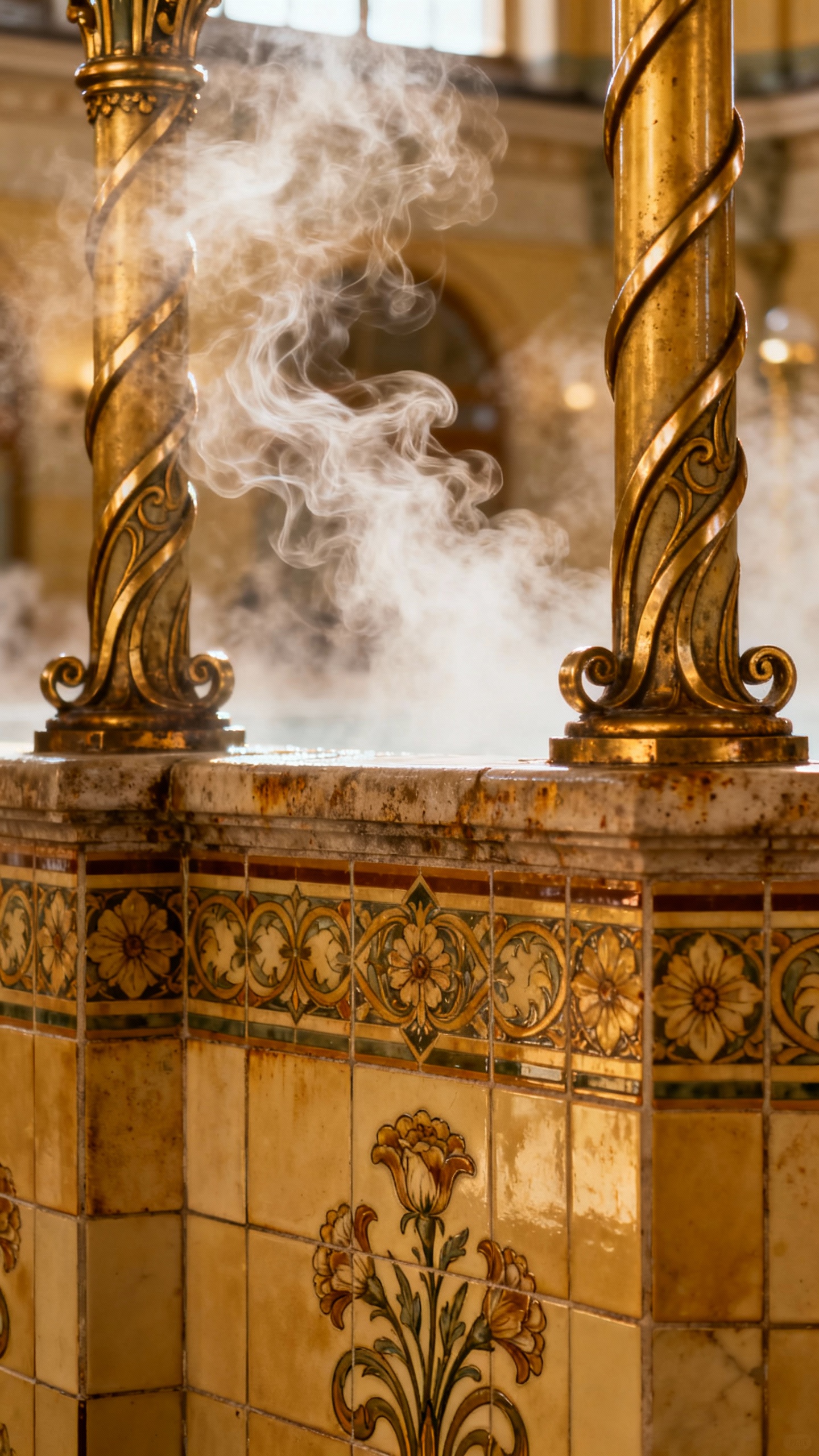 Closeup of thermal bath tiles and steam, Budapest art nouveau column details